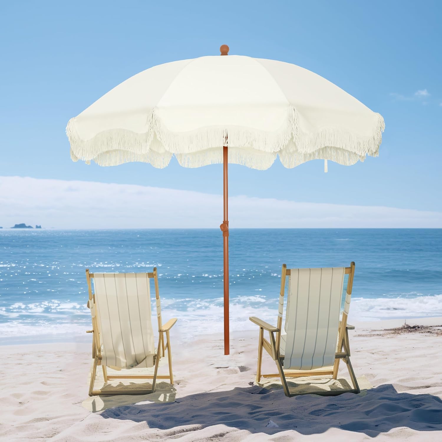 PHI VILLA Beach Umbrella 2M, Portable Fringed Garden Parasol with Ground Drill, Boho Patio Umbrella Round with Carry Bag, Outdoor UV Sun Shade Wind Resistant for Balcony...